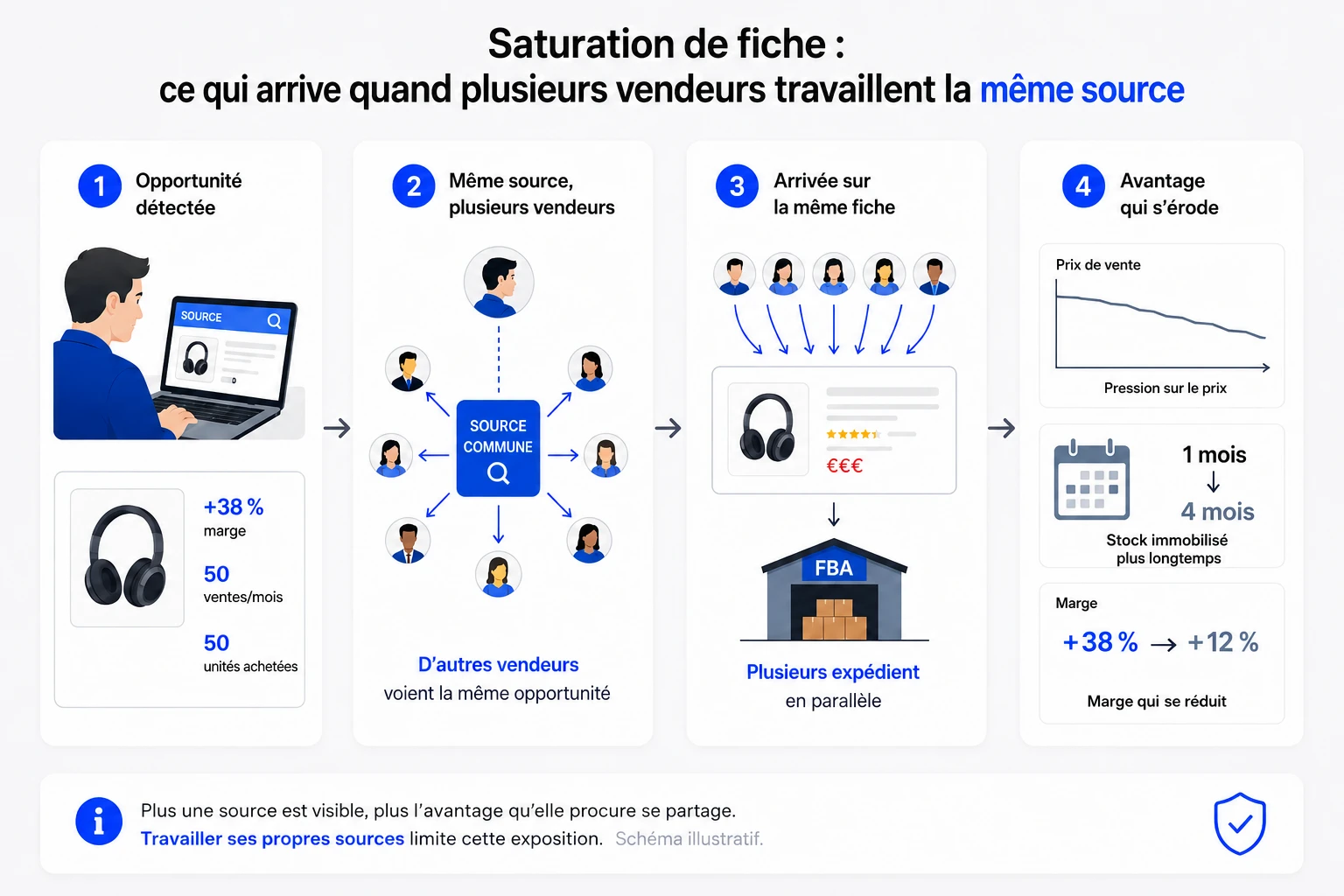 Schéma illustratif en 4 étapes : 1. une opportunité est détectée sur une source – 2. cette source est commune, d'autres vendeurs voient la même opportunité – 3. plusieurs vendeurs arrivent sur la même fiche et expédient en parallèle – 4. l'avantage s'érode : pression sur le prix, stock immobilisé plus longtemps, marge qui se réduit.